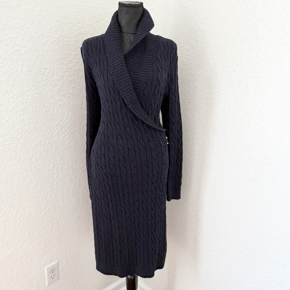 Lauren Ralph Lauren Cable Knit Wrap Dress, Womens Large Navy Blue - Picture 11 of 15